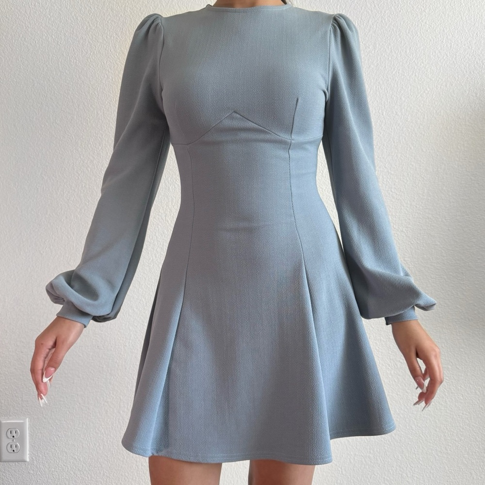 Boohoo Light Blue Long Sleeve skater Dress
